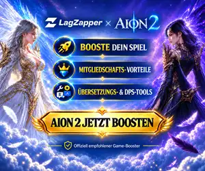 LagZapper × AION 2 Banner mit Game Boost, Mitgliedschafts-Belohnungen, Übersetzung und DPS-Tools
