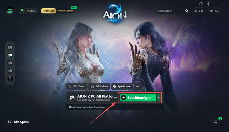 Einen AION 2-Server in LagZapper auswählen und auf Boost klicken