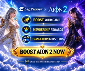 LagZapper × AION 2 game booster banner with membership rewards, translation, and DPS tools