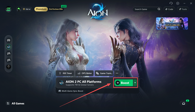 Choose an AION 2 server in LagZapper and click Boost